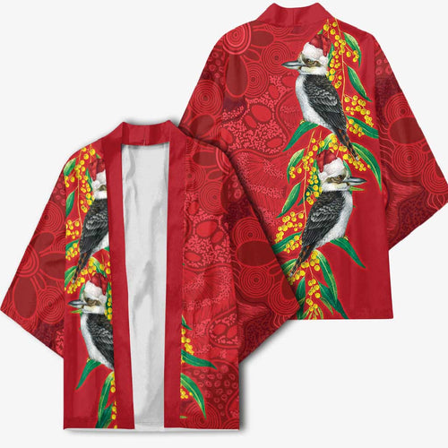Aussie Kokaburra Golden Wattle Christmas Kimono Aboriginal Dots Painting Red Motif - Aussie Hoodie