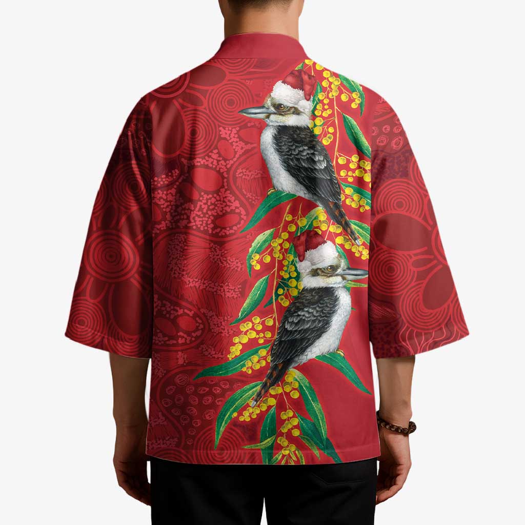 Aussie Kokaburra Golden Wattle Christmas Kimono Aboriginal Dots Painting Red Motif - Aussie Hoodie