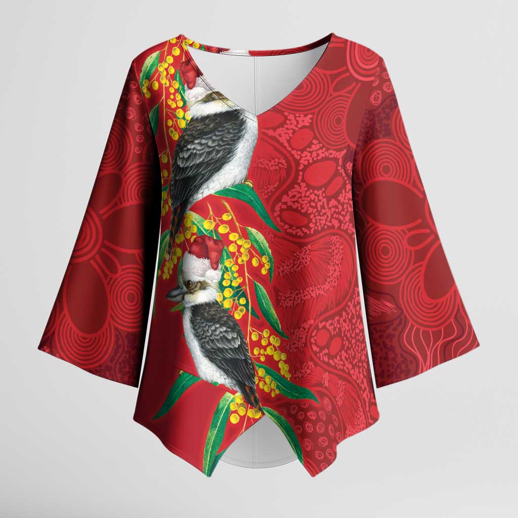 Aussie Kokaburra Golden Wattle Christmas Kimono Sleeve Blouse Aboriginal Dots Painting Red Motif - Aussie Hoodie