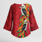 Aussie Kokaburra Golden Wattle Christmas Kimono Sleeve Blouse Aboriginal Dots Painting Red Motif - Aussie Hoodie