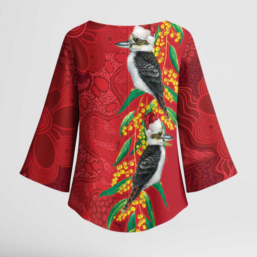 Aussie Kokaburra Golden Wattle Christmas Kimono Sleeve Blouse Aboriginal Dots Painting Red Motif - Aussie Hoodie