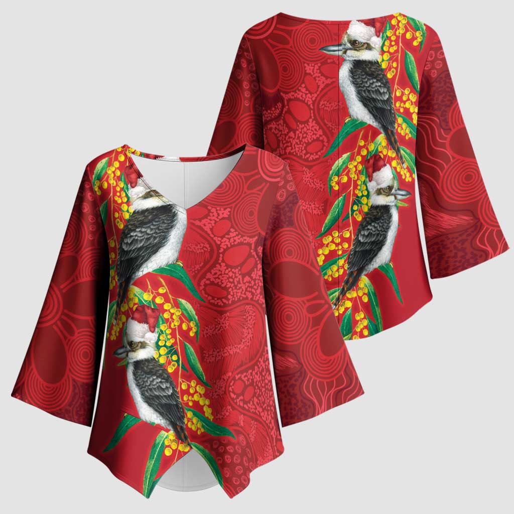 Aussie Kokaburra Golden Wattle Christmas Kimono Sleeve Blouse Aboriginal Dots Painting Red Motif - Aussie Hoodie