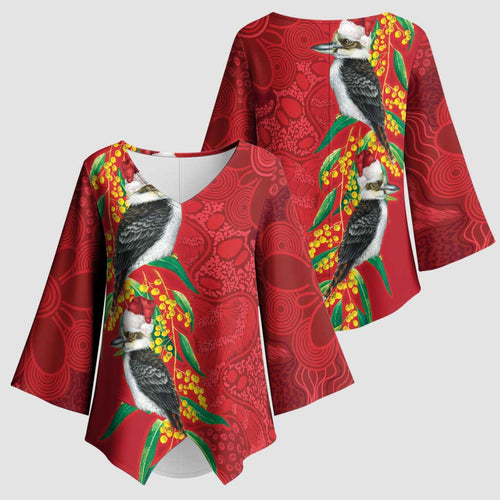 Aussie Kokaburra Golden Wattle Christmas Kimono Sleeve Blouse Aboriginal Dots Painting Red Motif - Aussie Hoodie