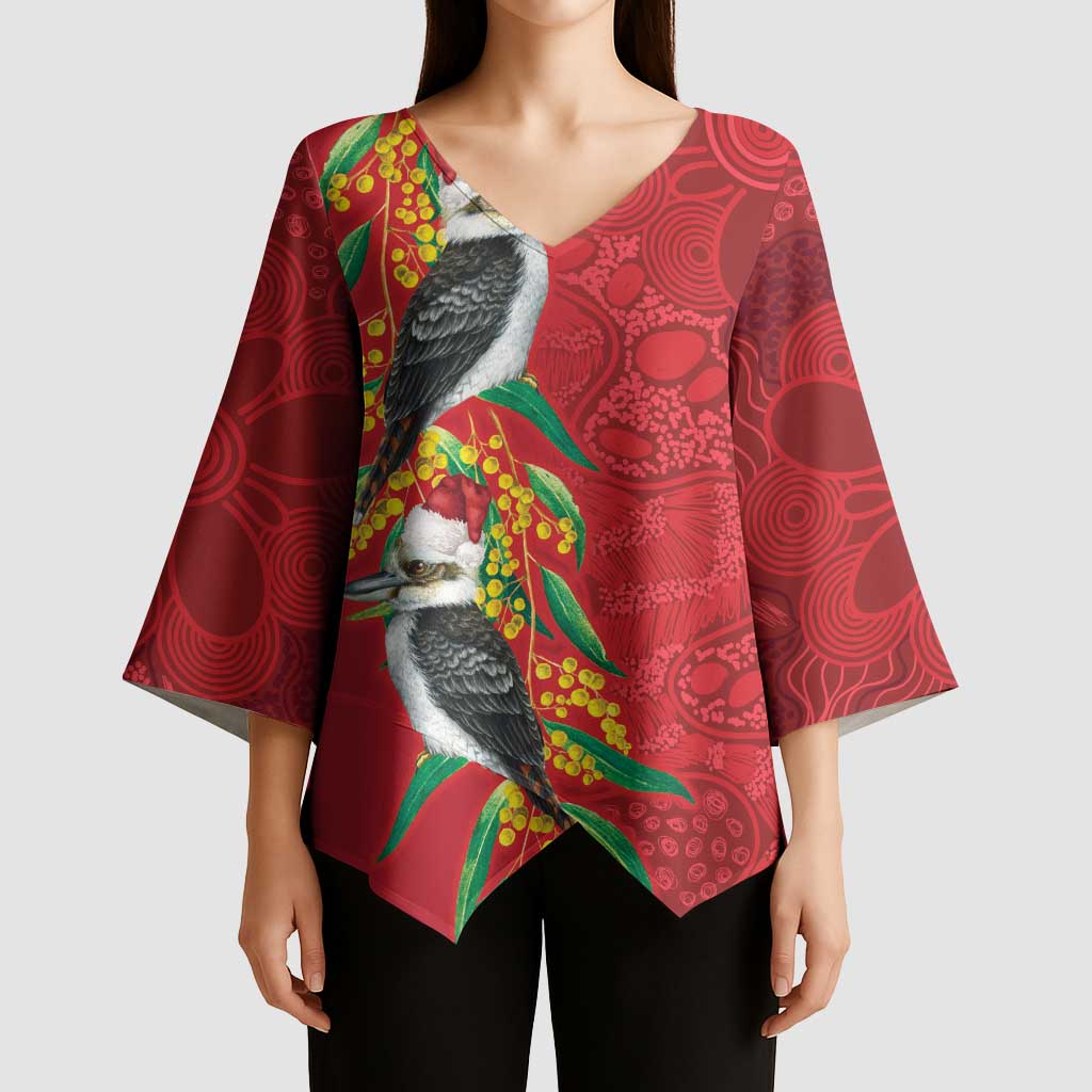 Aussie Kokaburra Golden Wattle Christmas Kimono Sleeve Blouse Aboriginal Dots Painting Red Motif - Aussie Hoodie