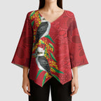 Aussie Kokaburra Golden Wattle Christmas Kimono Sleeve Blouse Aboriginal Dots Painting Red Motif - Aussie Hoodie