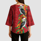 Aussie Kokaburra Golden Wattle Christmas Kimono Sleeve Blouse Aboriginal Dots Painting Red Motif - Aussie Hoodie