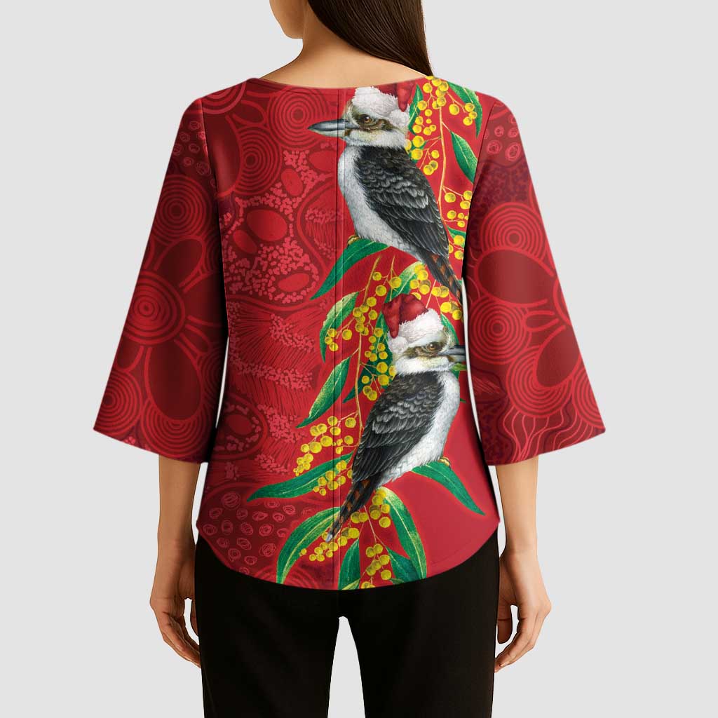 Aussie Kokaburra Golden Wattle Christmas Kimono Sleeve Blouse Aboriginal Dots Painting Red Motif - Aussie Hoodie