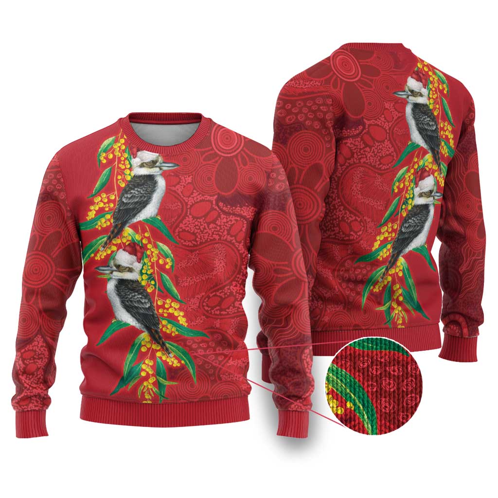 Aussie Kokaburra Golden Wattle Christmas Ugly Christmas Sweater Aboriginal Dots Painting Red Motif - Aussie Hoodie