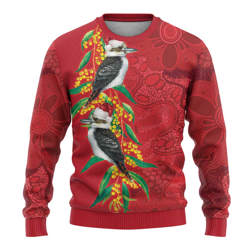 Aussie Kokaburra Golden Wattle Christmas Ugly Christmas Sweater Aboriginal Dots Painting Red Motif - Aussie Hoodie