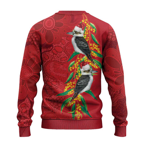 Aussie Kokaburra Golden Wattle Christmas Ugly Christmas Sweater Aboriginal Dots Painting Red Motif - Aussie Hoodie