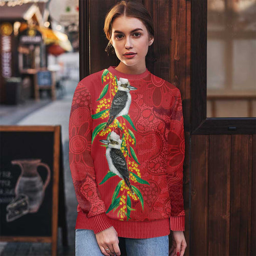 Aussie Kokaburra Golden Wattle Christmas Ugly Christmas Sweater Aboriginal Dots Painting Red Motif - Aussie Hoodie