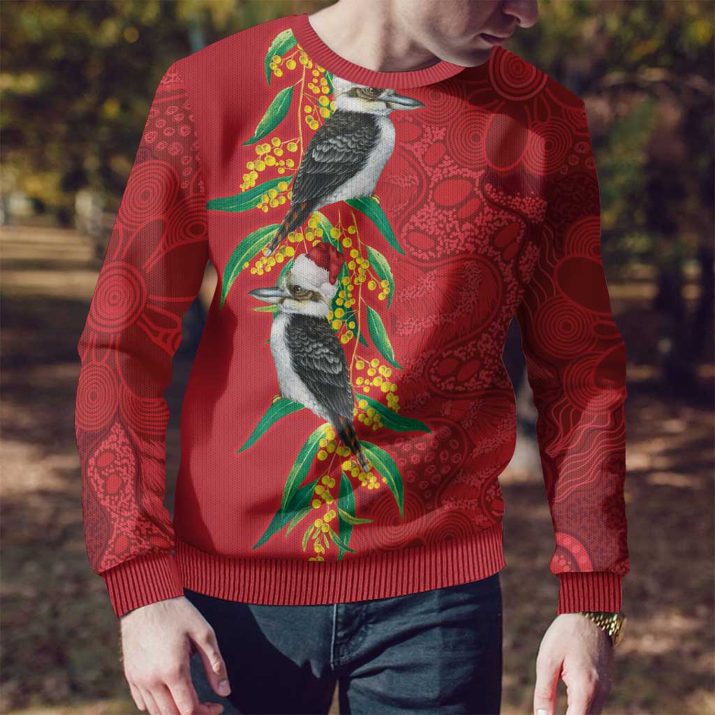 Aussie Kokaburra Golden Wattle Christmas Ugly Christmas Sweater Aboriginal Dots Painting Red Motif - Aussie Hoodie