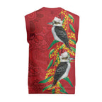 Aussie Kokaburra Golden Wattle Christmas Knitted V-Neck Vest Aboriginal Dots Painting Red Motif - Aussie Hoodie