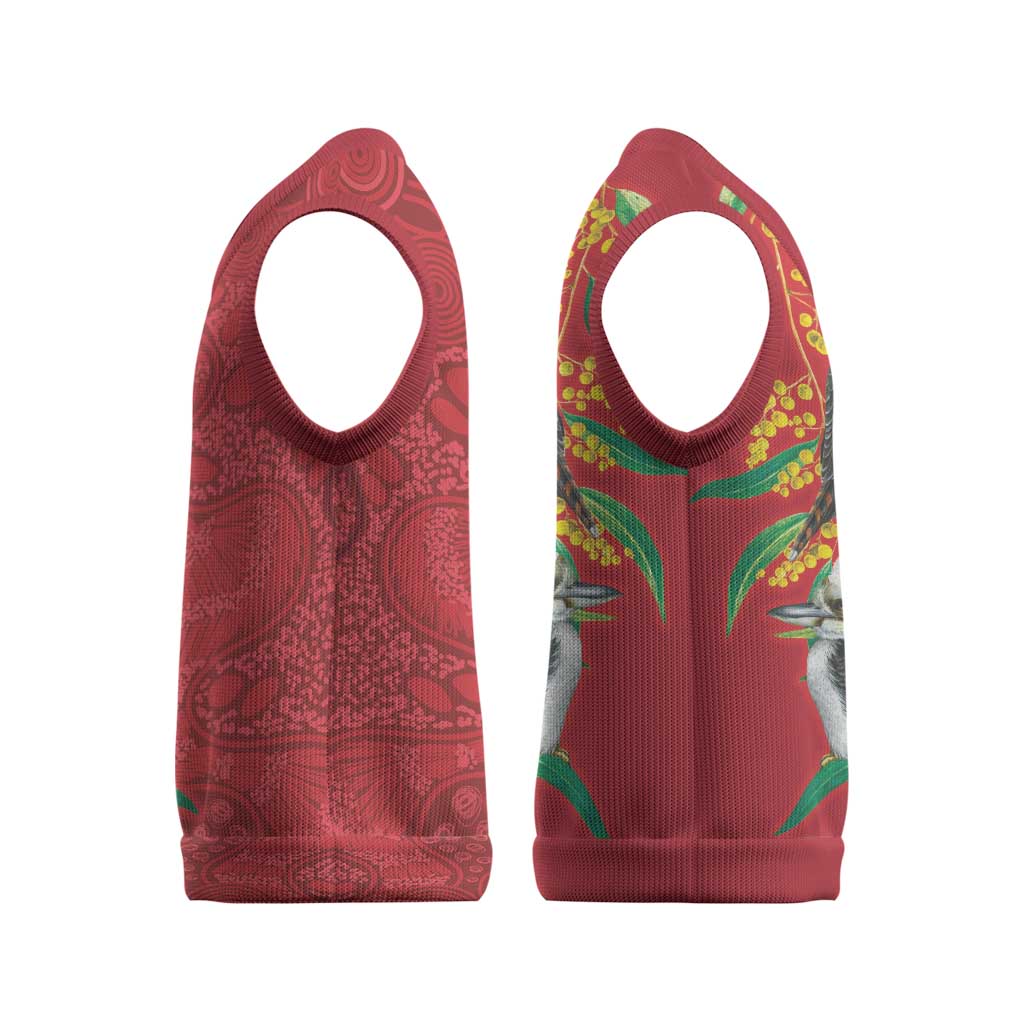 Aussie Kokaburra Golden Wattle Christmas Knitted V-Neck Vest Aboriginal Dots Painting Red Motif - Aussie Hoodie