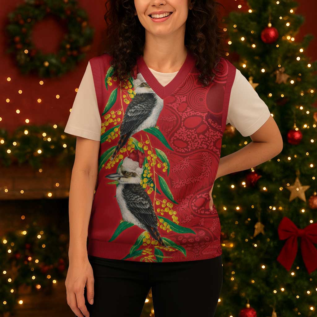 Aussie Kokaburra Golden Wattle Christmas Knitted V-Neck Vest Aboriginal Dots Painting Red Motif - Aussie Hoodie