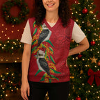 Aussie Kokaburra Golden Wattle Christmas Knitted V-Neck Vest Aboriginal Dots Painting Red Motif - Aussie Hoodie