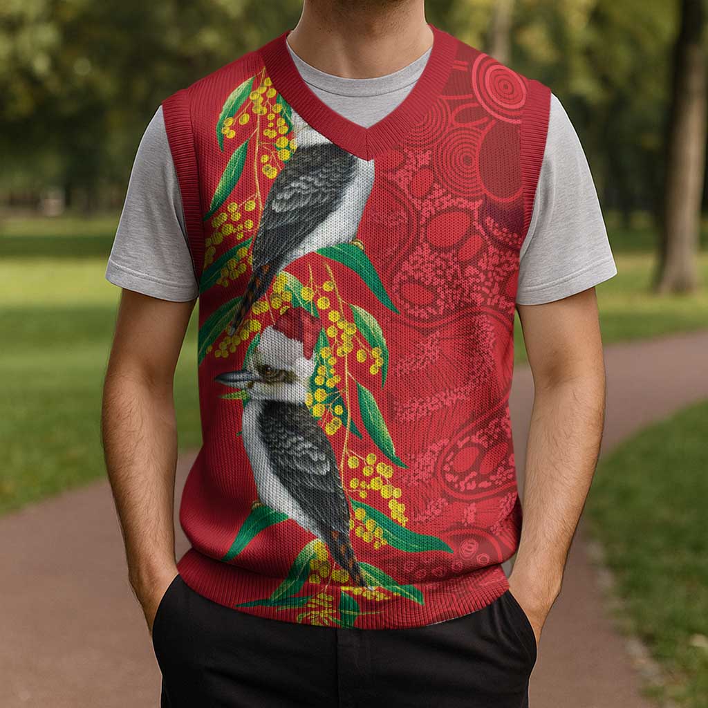 Aussie Kokaburra Golden Wattle Christmas Knitted V-Neck Vest Aboriginal Dots Painting Red Motif - Aussie Hoodie