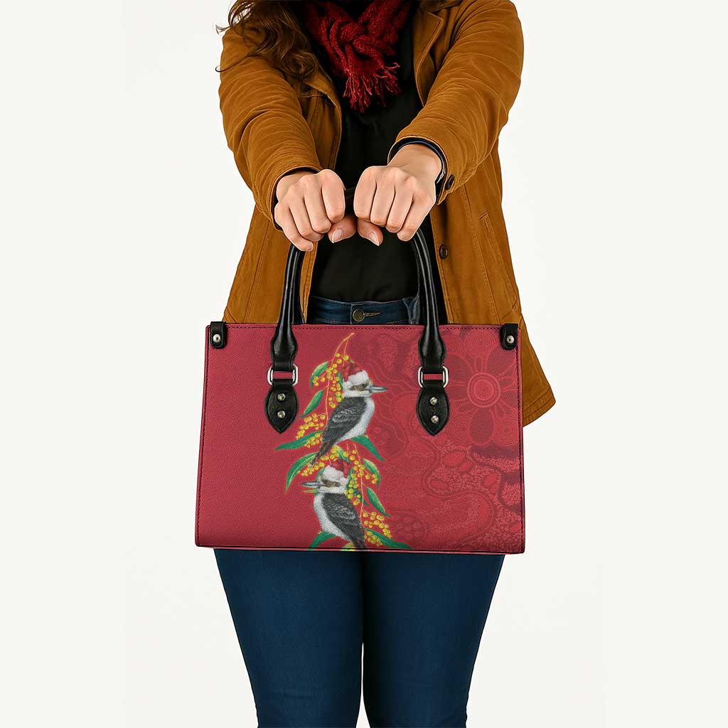 Aussie Kokaburra Golden Wattle Christmas Leather Bag Aboriginal Dots Painting Red Motif - Aussie Hoodie