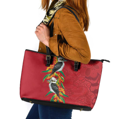 Aussie Kokaburra Golden Wattle Christmas Leather Tote Bag Aboriginal Dots Painting Red Motif - Aussie Hoodie
