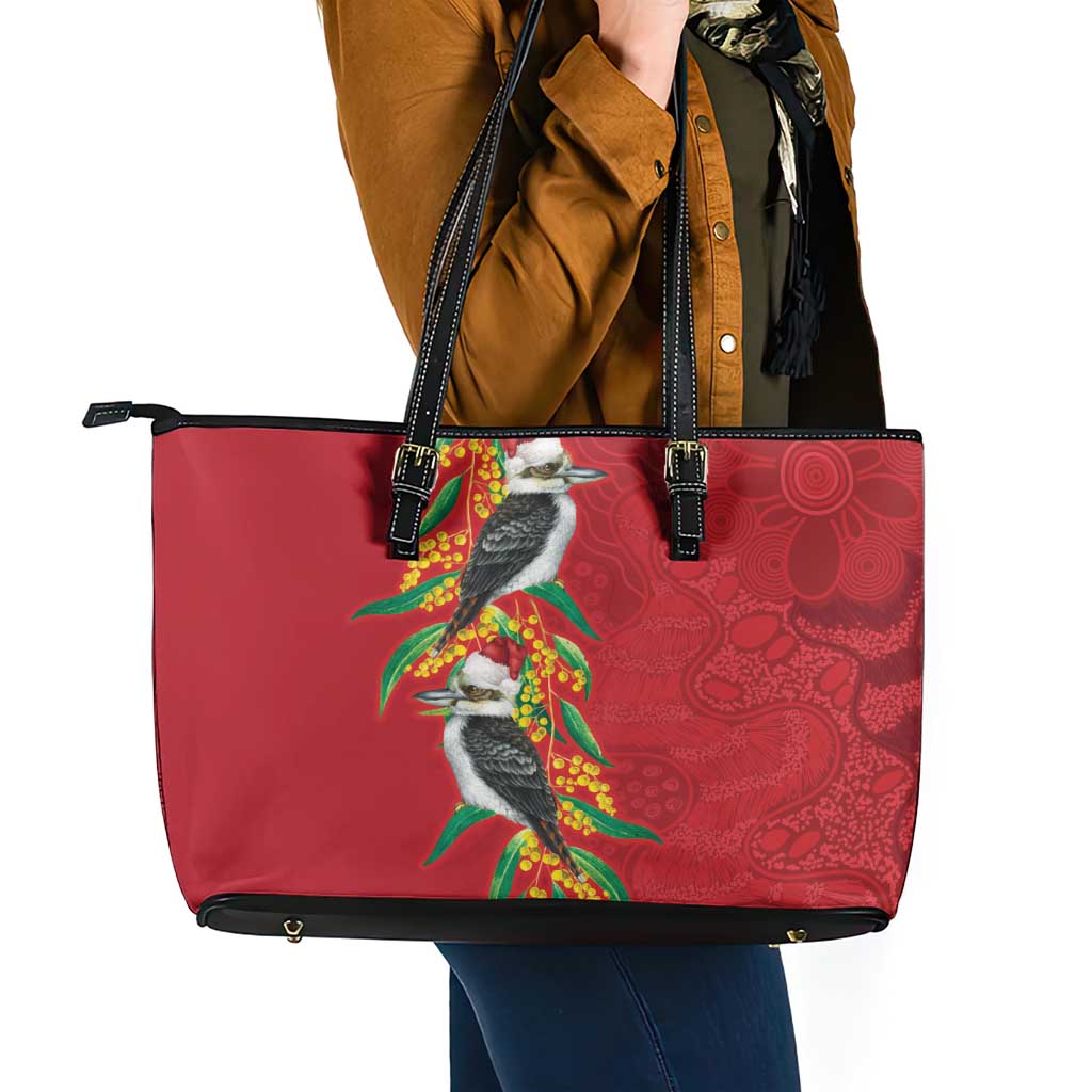 Aussie Kokaburra Golden Wattle Christmas Leather Tote Bag Aboriginal Dots Painting Red Motif - Aussie Hoodie