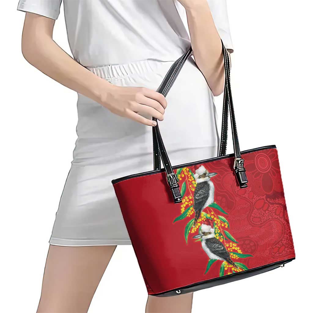 Aussie Kokaburra Golden Wattle Christmas Leather Tote Bag Aboriginal Dots Painting Red Motif - Aussie Hoodie