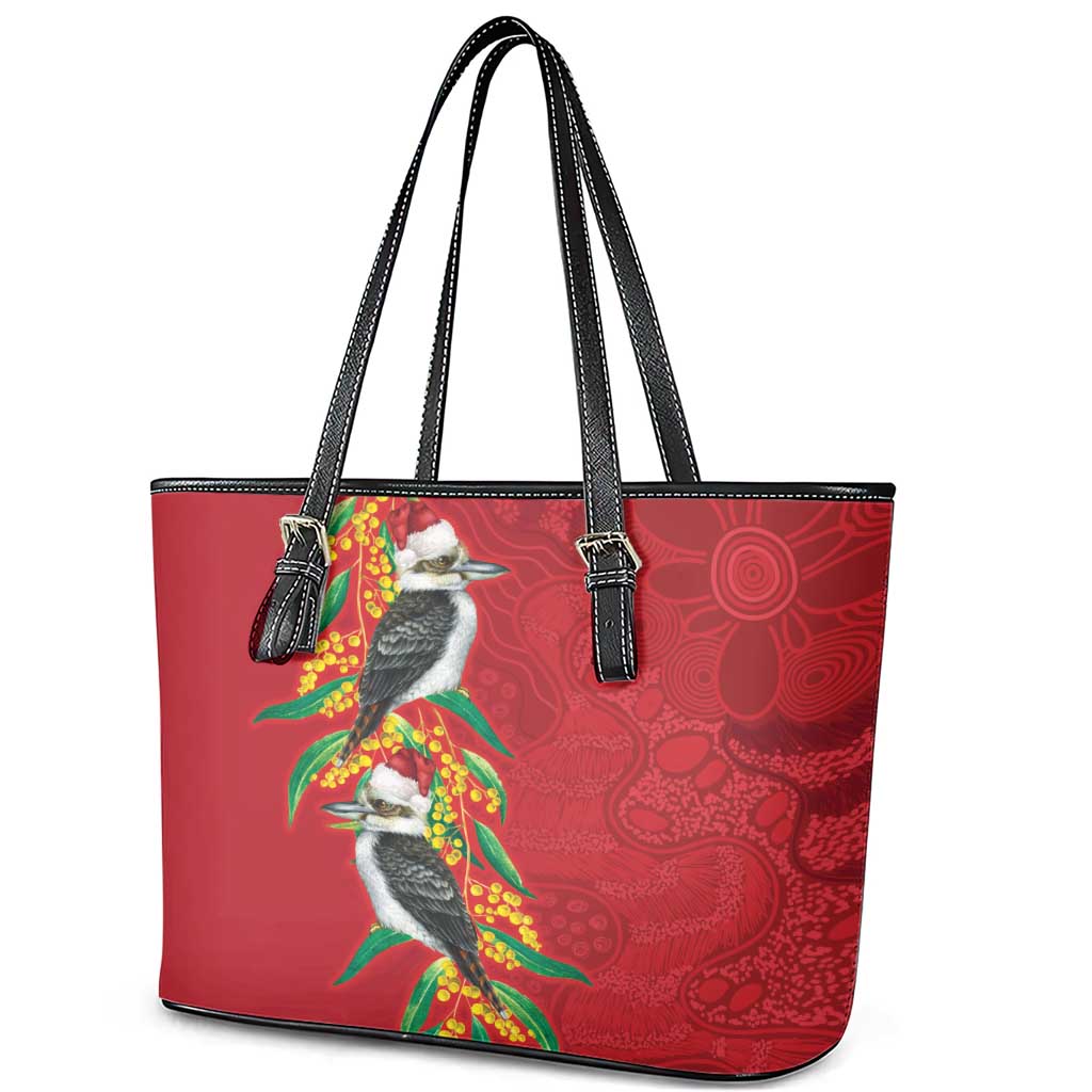 Aussie Kokaburra Golden Wattle Christmas Leather Tote Bag Aboriginal Dots Painting Red Motif - Aussie Hoodie