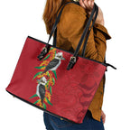 Aussie Kokaburra Golden Wattle Christmas Leather Tote Bag Aboriginal Dots Painting Red Motif - Aussie Hoodie