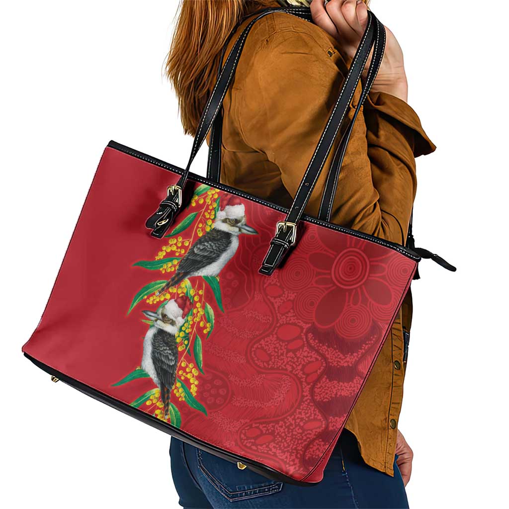 Aussie Kokaburra Golden Wattle Christmas Leather Tote Bag Aboriginal Dots Painting Red Motif - Aussie Hoodie