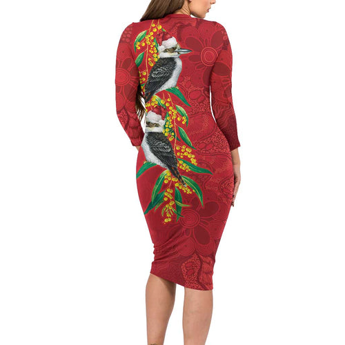 Aussie Kokaburra Golden Wattle Christmas Long Sleeve Bodycon Dress Aboriginal Dots Painting Red Motif - Aussie Hoodie