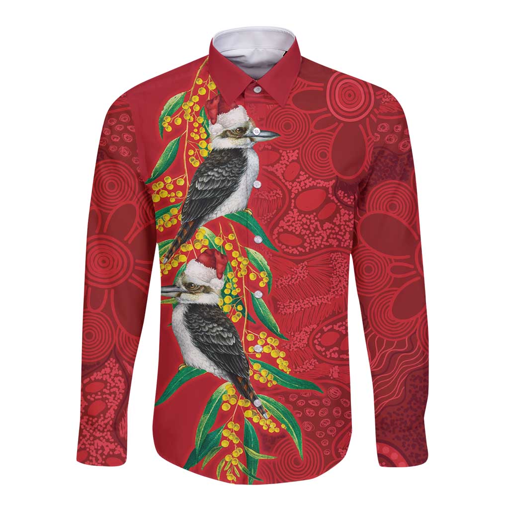 Aussie Kokaburra Golden Wattle Christmas Long Sleeve Button Shirt Aboriginal Dots Painting Red Motif - Aussie Hoodie