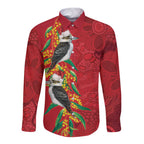Aussie Kokaburra Golden Wattle Christmas Long Sleeve Button Shirt Aboriginal Dots Painting Red Motif - Aussie Hoodie