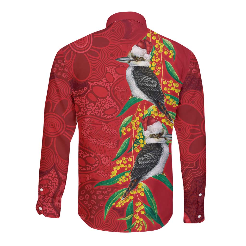 Aussie Kokaburra Golden Wattle Christmas Long Sleeve Button Shirt Aboriginal Dots Painting Red Motif - Aussie Hoodie