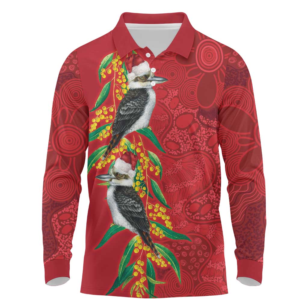 Aussie Kokaburra Golden Wattle Christmas Long Sleeve Polo Shirt Aboriginal Dots Painting Red Motif - Aussie Hoodie