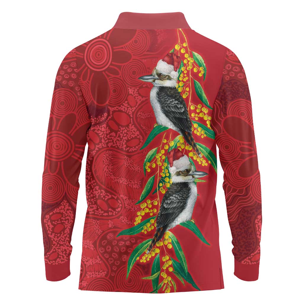 Aussie Kokaburra Golden Wattle Christmas Long Sleeve Polo Shirt Aboriginal Dots Painting Red Motif - Aussie Hoodie