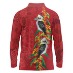 Aussie Kokaburra Golden Wattle Christmas Long Sleeve Polo Shirt Aboriginal Dots Painting Red Motif - Aussie Hoodie