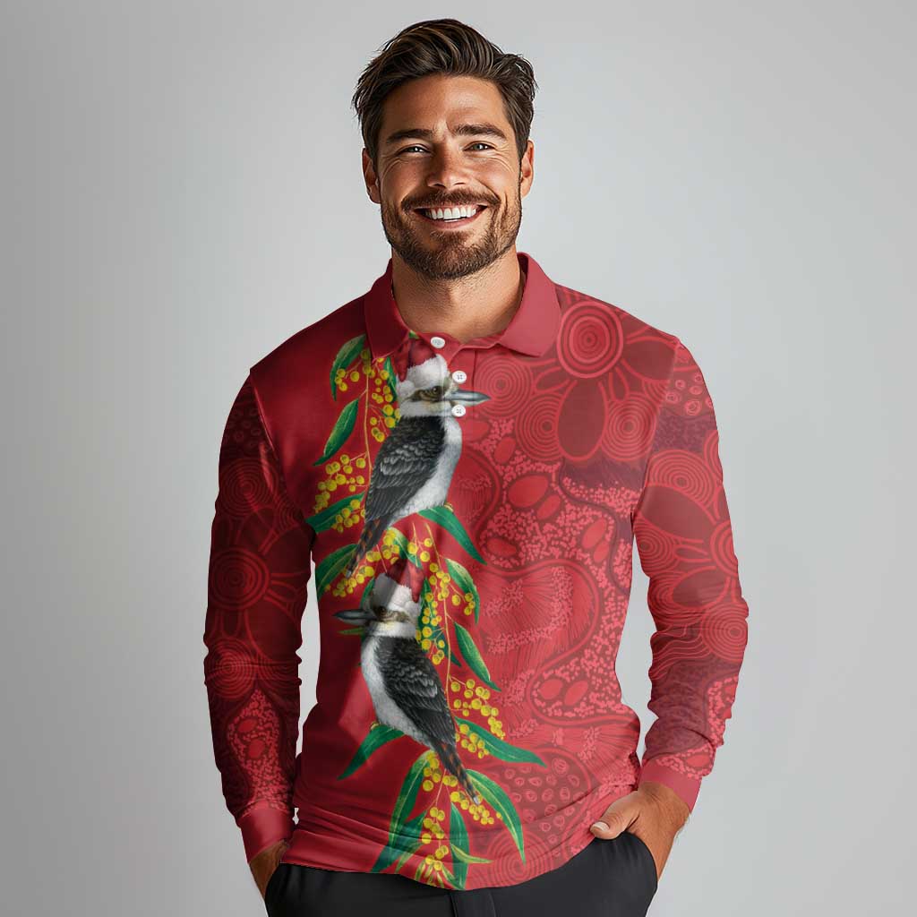 Aussie Kokaburra Golden Wattle Christmas Long Sleeve Polo Shirt Aboriginal Dots Painting Red Motif - Aussie Hoodie