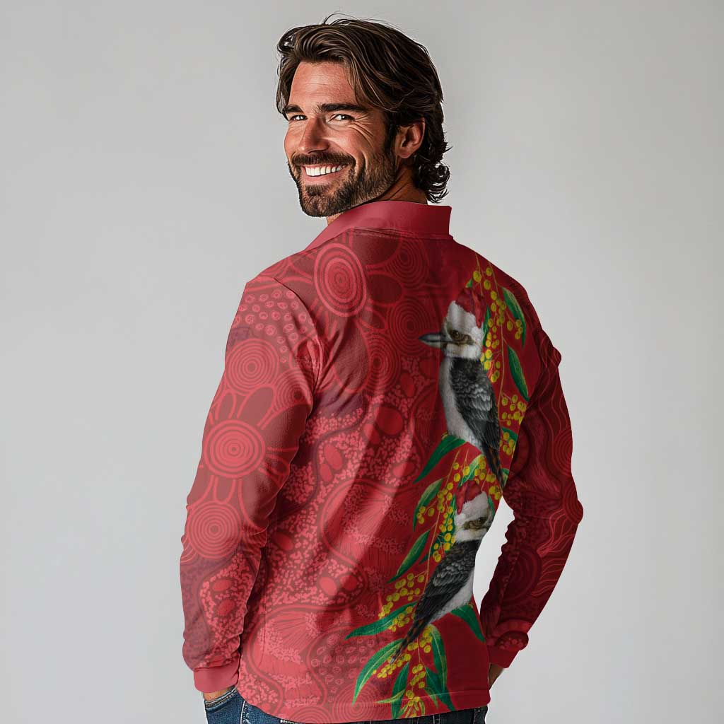 Aussie Kokaburra Golden Wattle Christmas Long Sleeve Polo Shirt Aboriginal Dots Painting Red Motif - Aussie Hoodie