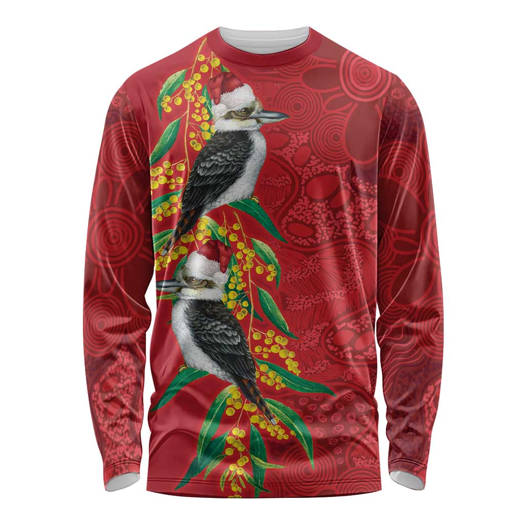 Aussie Kokaburra Golden Wattle Christmas Long Sleeve Shirt Aboriginal Dots Painting Red Motif - Aussie Hoodie