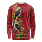 Aussie Kokaburra Golden Wattle Christmas Long Sleeve Shirt Aboriginal Dots Painting Red Motif - Aussie Hoodie