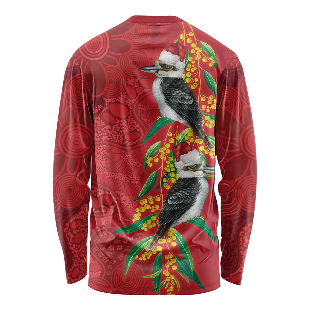 Aussie Kokaburra Golden Wattle Christmas Long Sleeve Shirt Aboriginal Dots Painting Red Motif - Aussie Hoodie