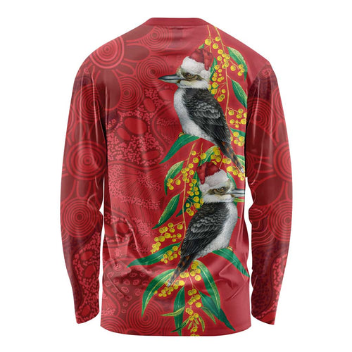 Aussie Kokaburra Golden Wattle Christmas Long Sleeve Shirt Aboriginal Dots Painting Red Motif - Aussie Hoodie