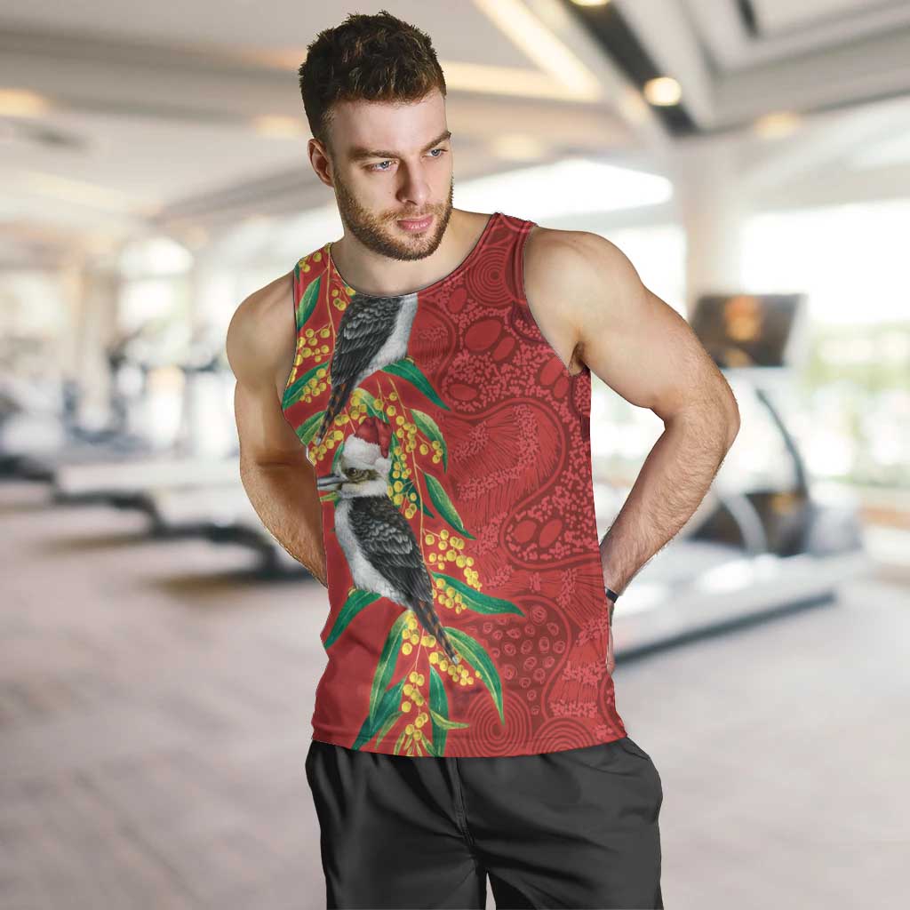 Aussie Kokaburra Golden Wattle Christmas Men Tank Top Aboriginal Dots Painting Red Motif - Aussie Hoodie