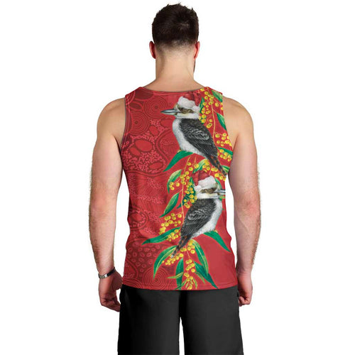 Aussie Kokaburra Golden Wattle Christmas Men Tank Top Aboriginal Dots Painting Red Motif - Aussie Hoodie