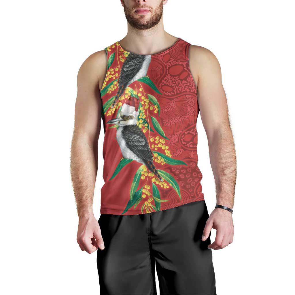 Aussie Kokaburra Golden Wattle Christmas Men Tank Top Aboriginal Dots Painting Red Motif - Aussie Hoodie