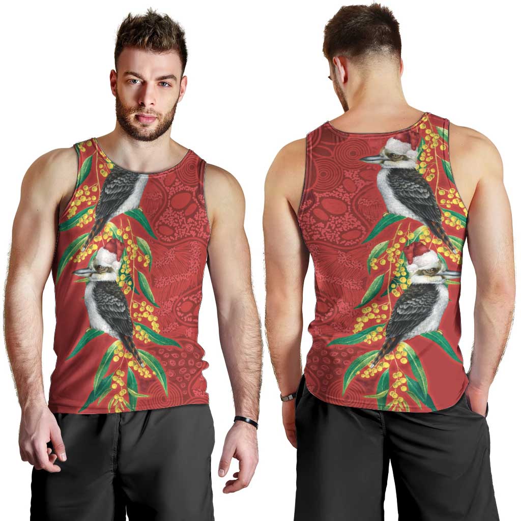 Aussie Kokaburra Golden Wattle Christmas Men Tank Top Aboriginal Dots Painting Red Motif - Aussie Hoodie
