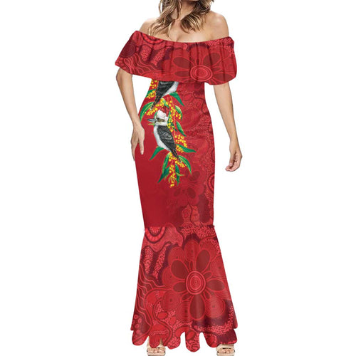 Aussie Kokaburra Golden Wattle Christmas Mermaid Dress Aboriginal Dots Painting Red Motif - Aussie Hoodie