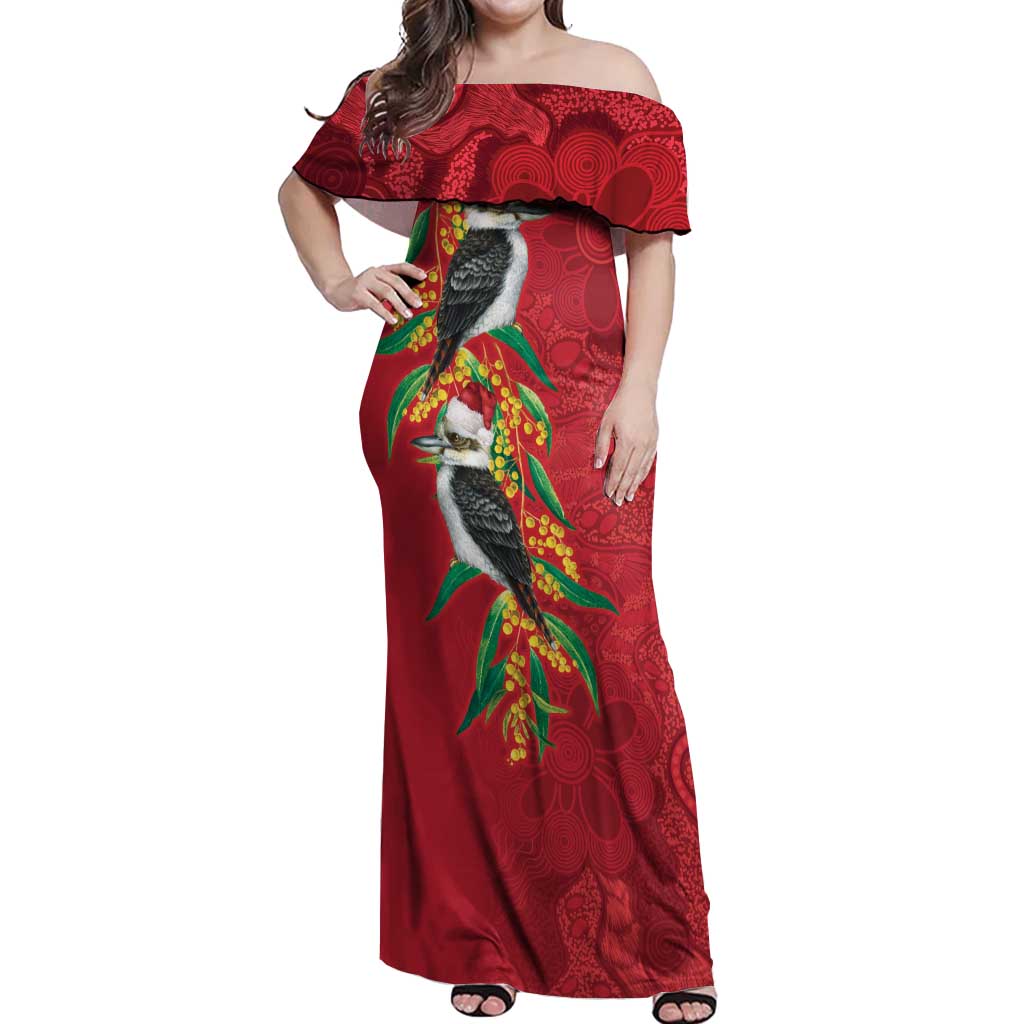 Aussie Kokaburra Golden Wattle Christmas Off Shoulder Maxi Dress Aboriginal Dots Painting Red Motif - Aussie Hoodie