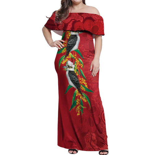 Aussie Kokaburra Golden Wattle Christmas Off Shoulder Maxi Dress Aboriginal Dots Painting Red Motif - Aussie Hoodie