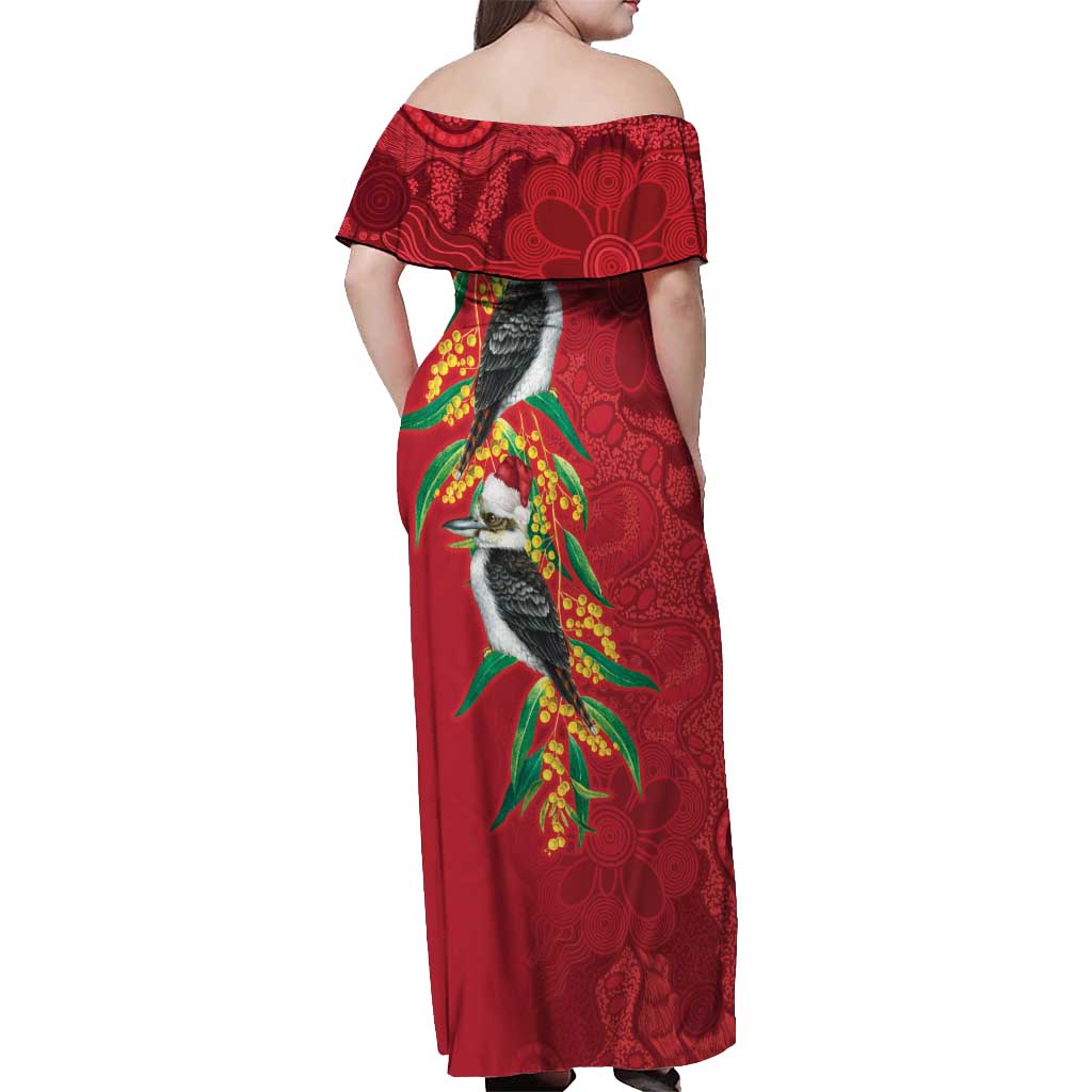 Aussie Kokaburra Golden Wattle Christmas Off Shoulder Maxi Dress Aboriginal Dots Painting Red Motif - Aussie Hoodie