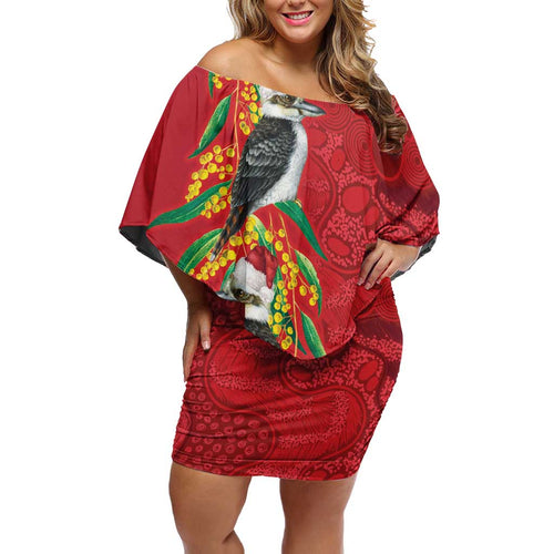 Aussie Kokaburra Golden Wattle Christmas Off Shoulder Short Dress Aboriginal Dots Painting Red Motif - Aussie Hoodie